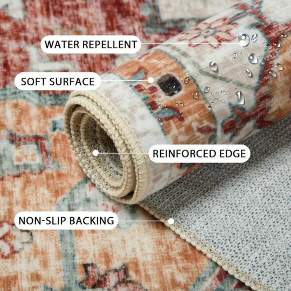 5x7 Washable Area Rug, Yellow/Brown Vintage Low-Pile Non-Slip Carpet for Home